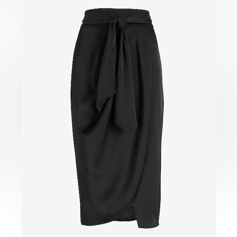 Express Black High Waisted Belted Satin Wrap Midi Skirt size 00 NEW NWT - Picture 3 of 10